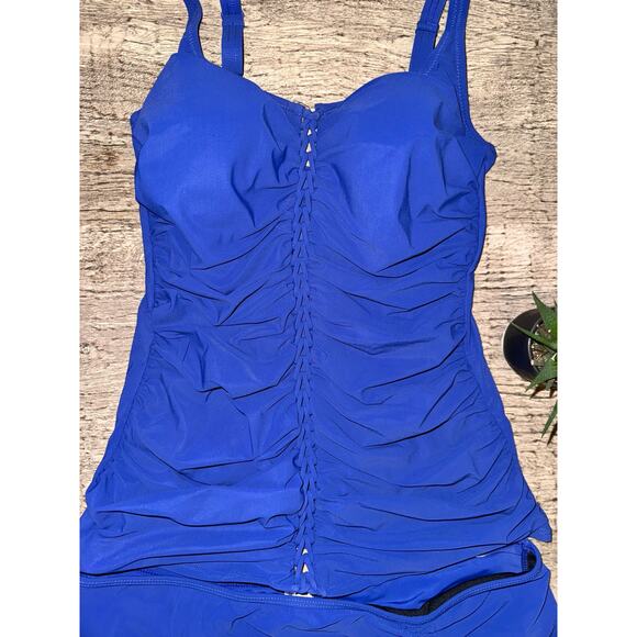 Gottex Blue Tankini Swimsuit Set Sz 12 | Ruched Underwire Top Skirted Bottom | - Picture 3 of 4